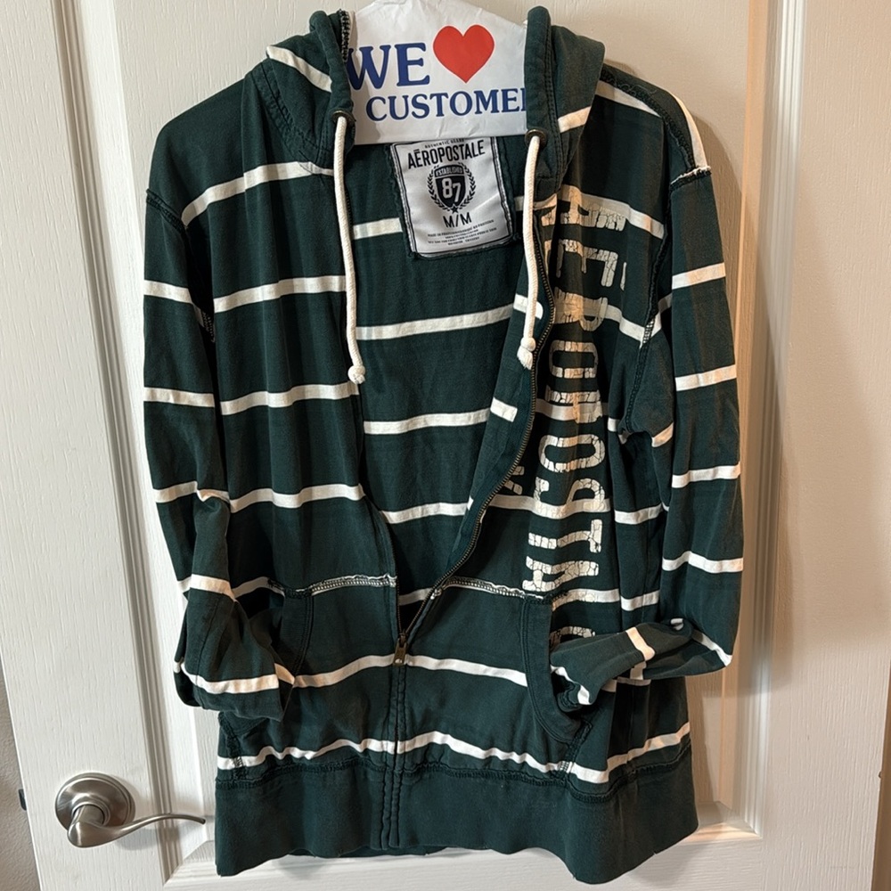 Aeropostale Dark Green and White Striped Zip-Up Sweater - Picture 4 of 4